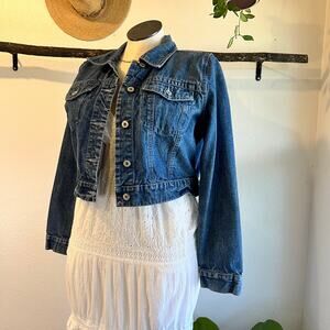 Vintage 90s Dark Wash Cotton Denim Cropped Button Front Jacket Size XL Women's